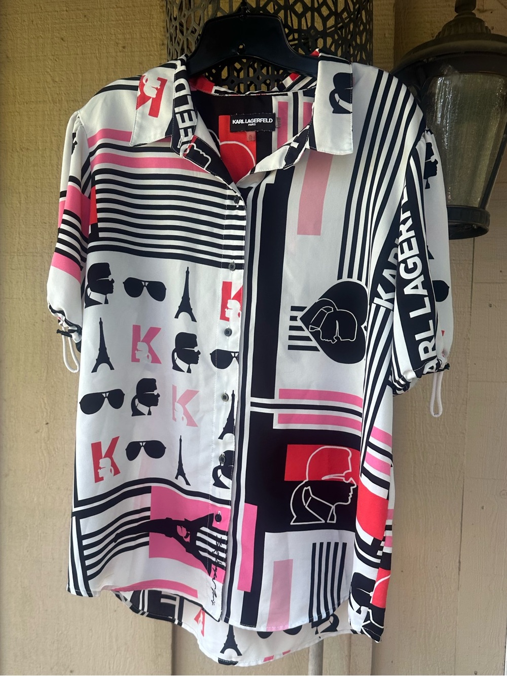 Karl Lagerfeld Paris Whimsical Parisian Motif Graphic Print Button-Front Blouse